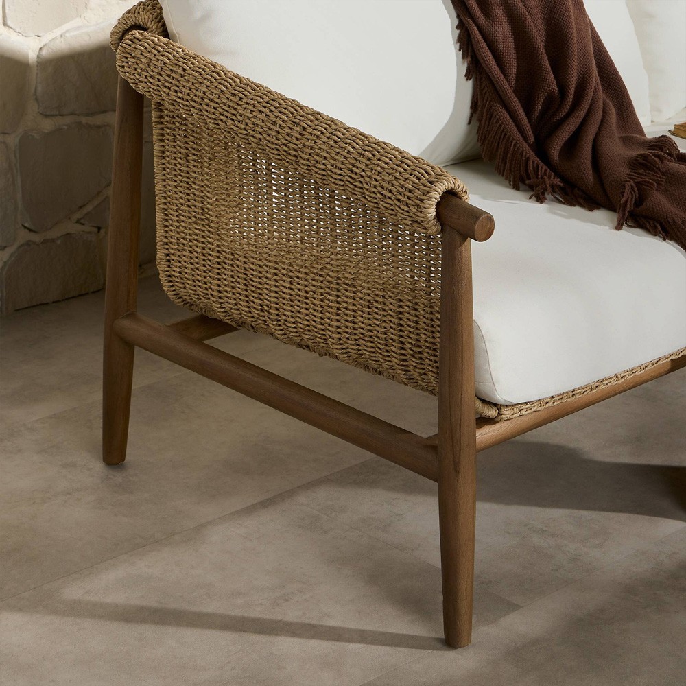 Sophie Coastal Beach White Upholstered Brown Teak Woven Outdoor Sofa - 76"|