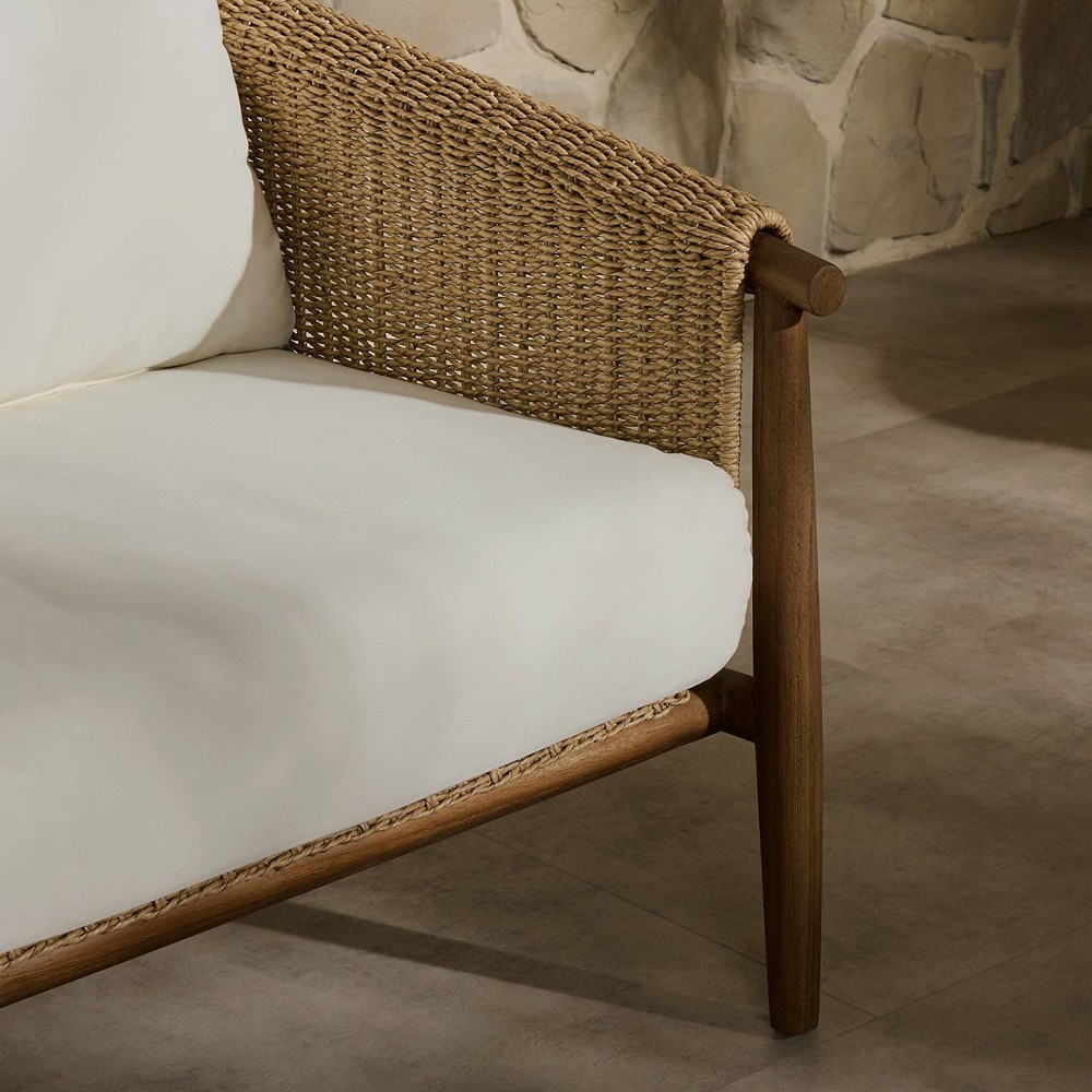 Sophie Coastal Beach White Upholstered Brown Teak Woven Outdoor Sofa - 76"|