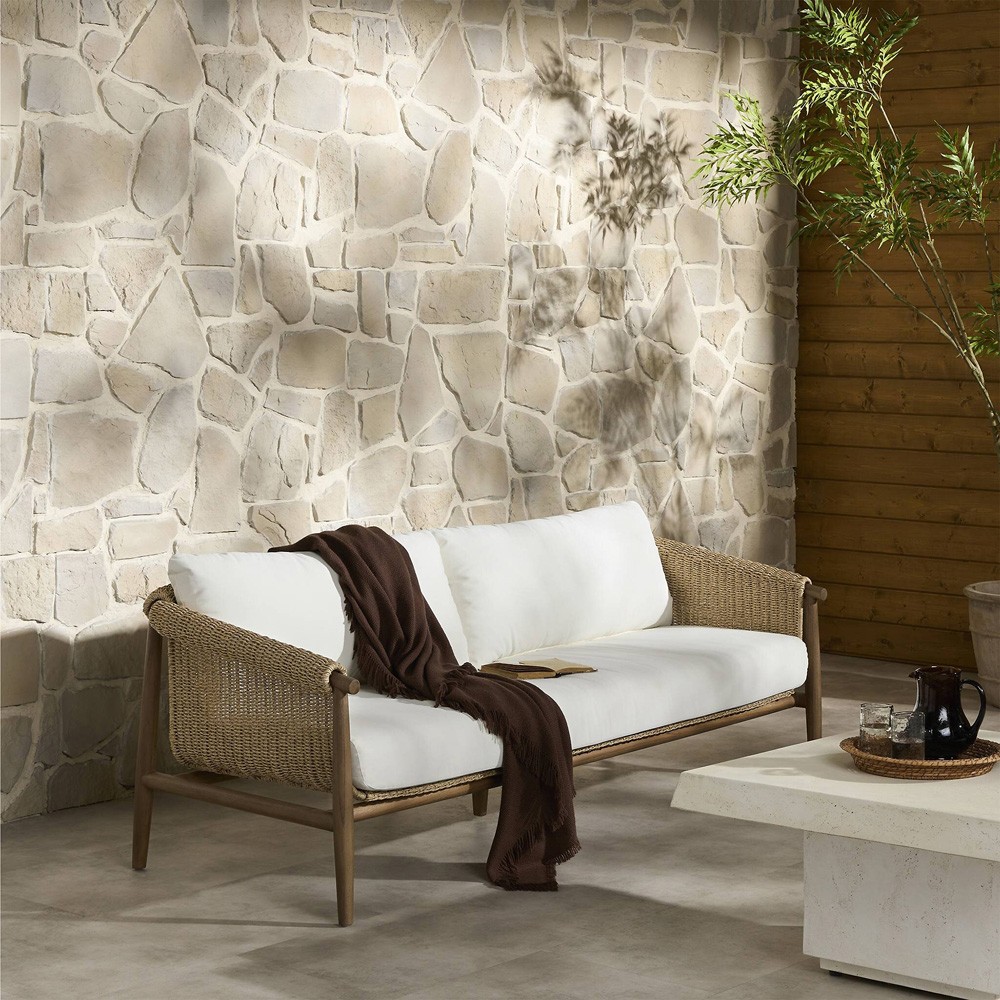 Sophie Coastal Beach White Upholstered Brown Teak Woven Outdoor Sofa - 76"|