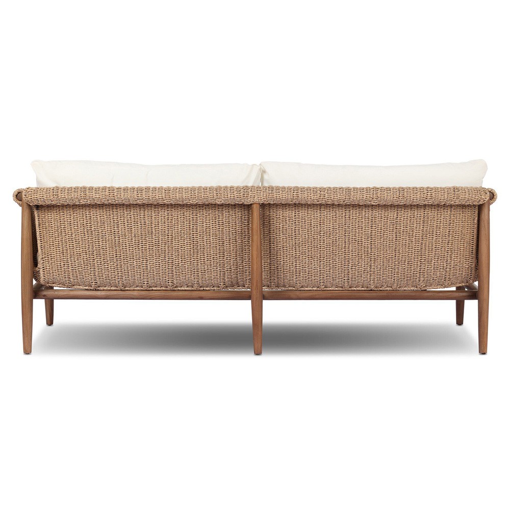 Sophie Coastal Beach White Upholstered Brown Teak Woven Outdoor Sofa - 76"|