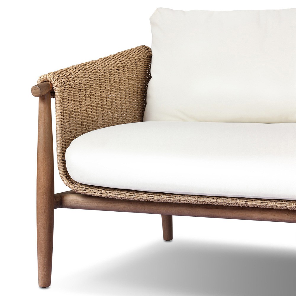 Sophie Coastal Beach White Upholstered Brown Teak Woven Outdoor Sofa - 76"|