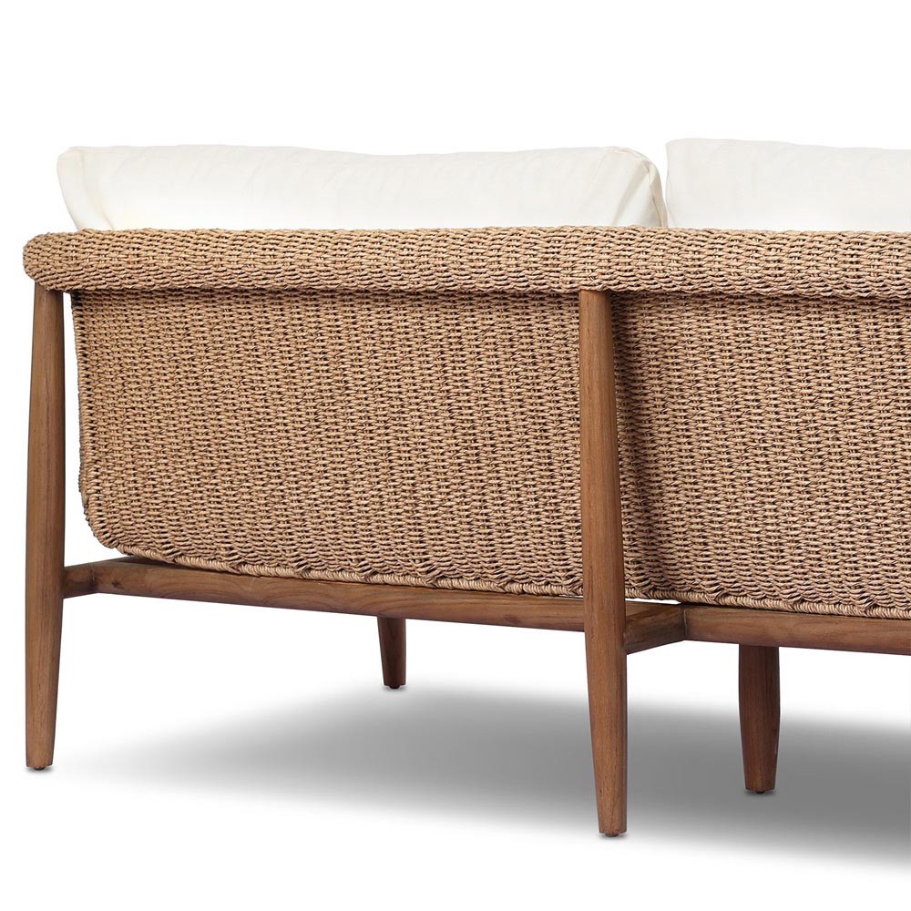 Sophie Coastal Beach White Upholstered Brown Teak Woven Outdoor Sofa - 76"|