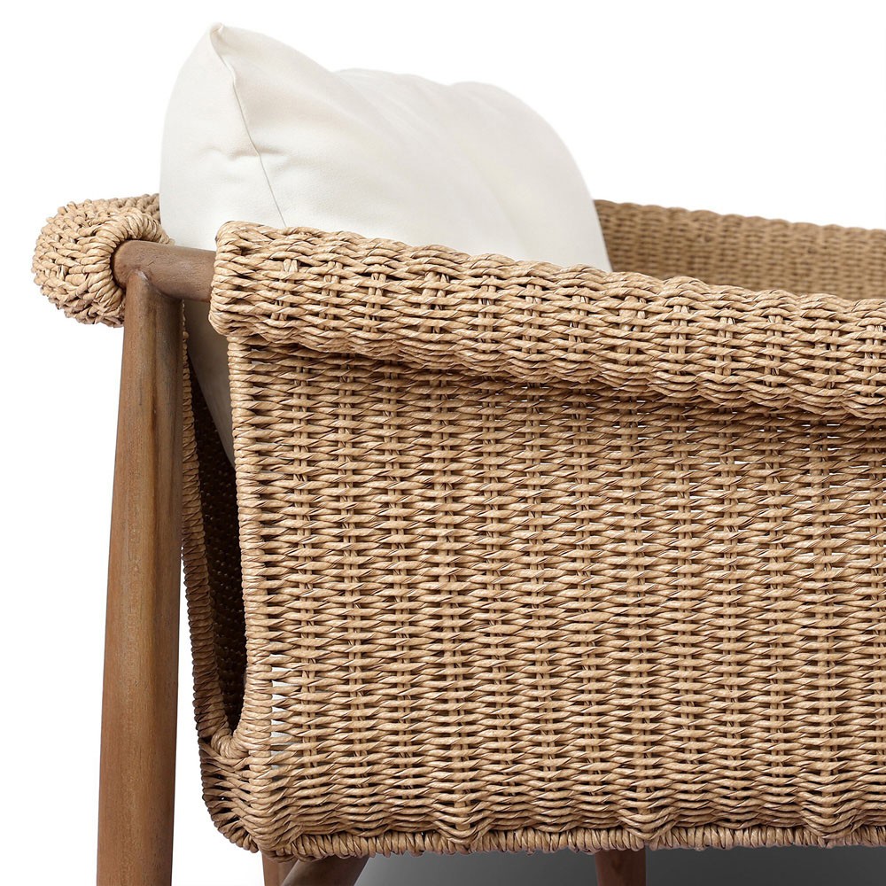 Sophie Coastal Beach White Upholstered Brown Teak Woven Outdoor Sofa - 76"|