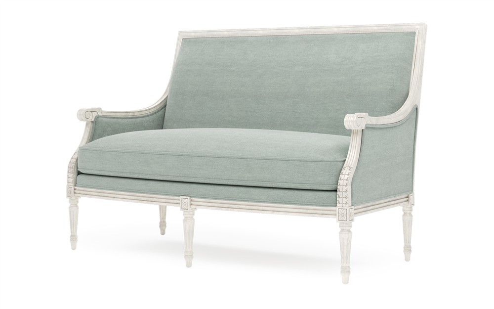 Juliette Sea Mist Velvet Vintage White Settee|