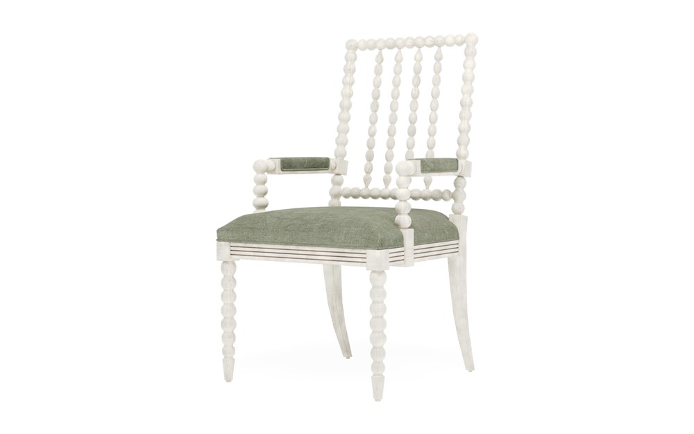 Sabinna Willow Green Velvet Vintage White Dining Arm Chair|