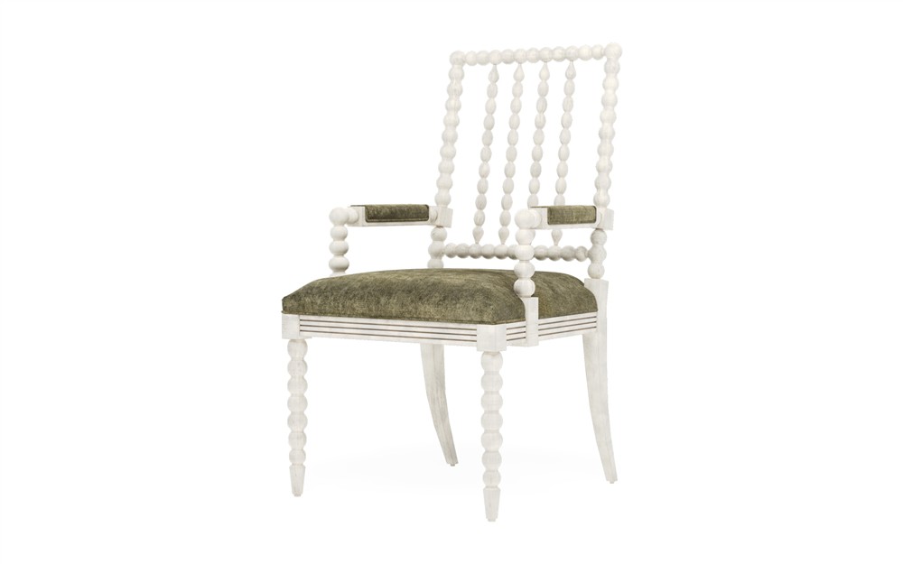Sabinna Fern Velvet Vintage White Dining Arm Chair|