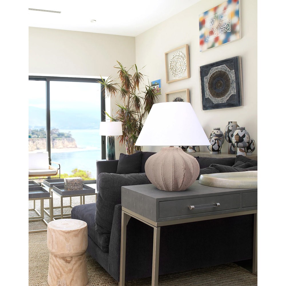 Jensen Coastal Beach Grey Beige Ceramic Ribbed Table Lamp Small