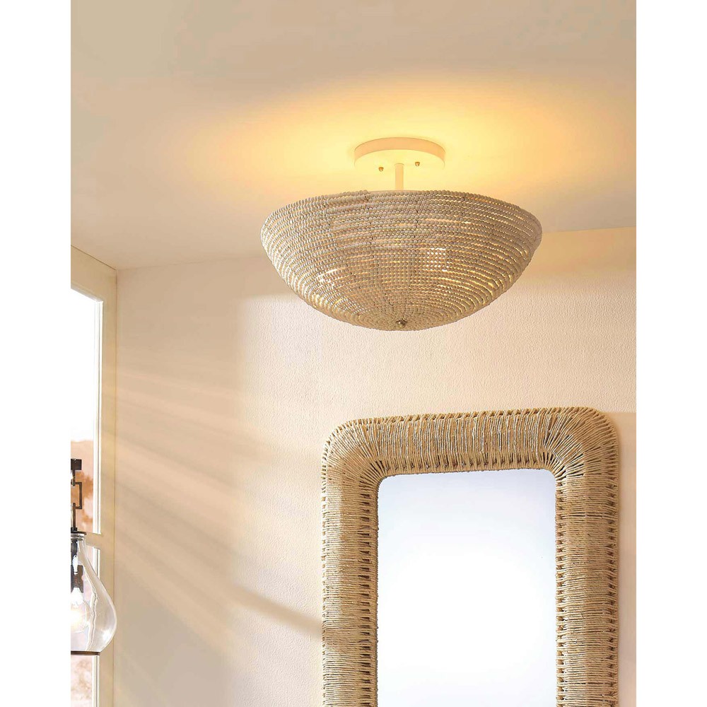Amyra Coastal Beach White Mango Wood Beads Semi Flush Mount|