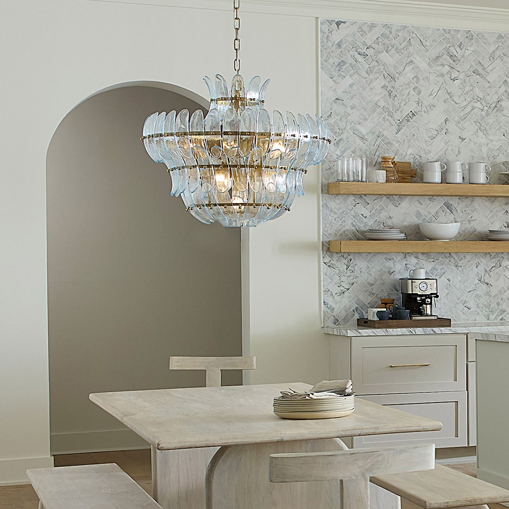 Elowen Updated Traditional Pale Blue Glass Curved Chandelier|