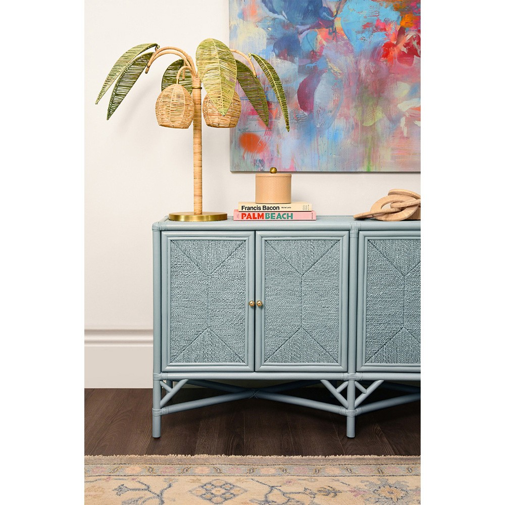 Worlds Away Eleanor Coastal Beach Light Blue Rattan Woven Rope Sideboard|