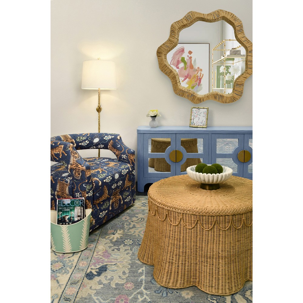 Worlds Away Opal Coastal Beach Light Blue Rattan Mirror Front