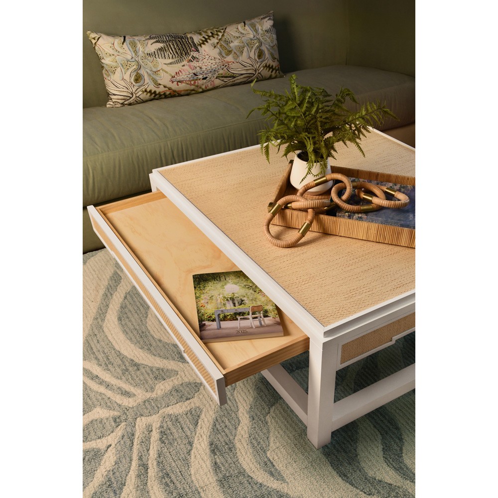Worlds Away Locklin Natural Grasscloth Matte White Wood Storage