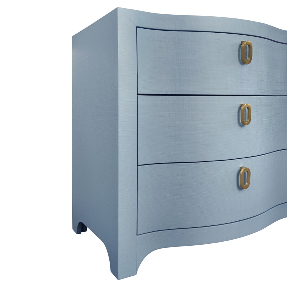 Worlds Away Rosie Curved Front Six Drawer Chest in Textured Light Blue Linen Worlds Away Rosie Curved Front Six Drawer Chest in Textured Light Blue Linen