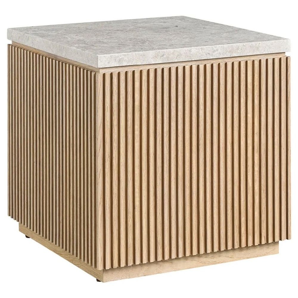 Isabella Modern Classic Grey Stone Fluted Brown Wood Square Side Table|