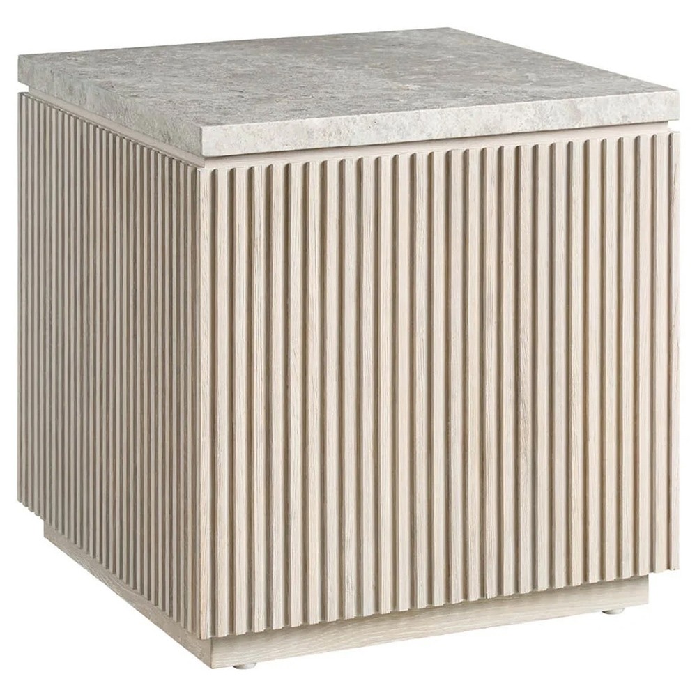 Isabella Modern Classic Grey Stone Fluted White Oak Wood Square Side Table|