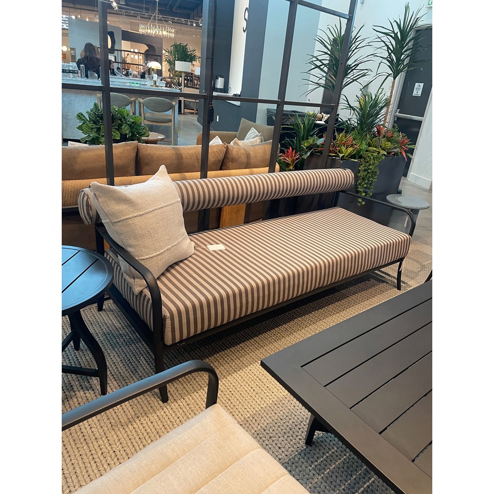 Madelle Modern Grey Striped Sunbrella Black Aluminum Outdoor Loveseat - 57"|