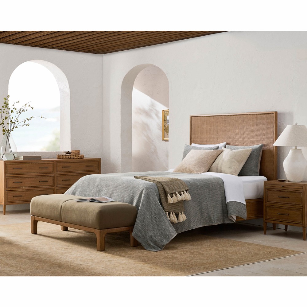 Anjana Coastal Beach Woven Rattan Brown Oak Bed - Queen|