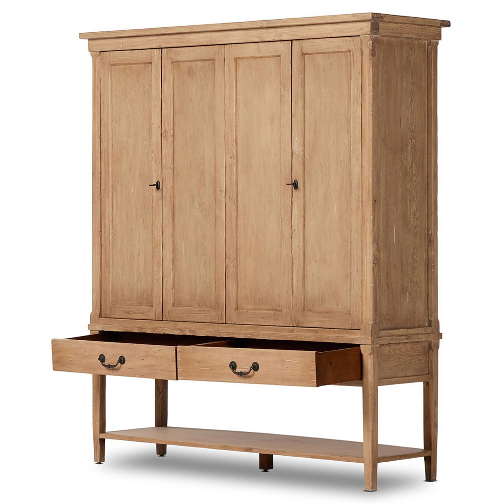 Brook Updated Traditional Aged Light Pine Wood Wide Cabinet|
