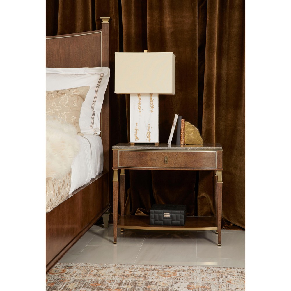 Whitaker Modern Classic Marble Brown Walnut Wide Nightstand|