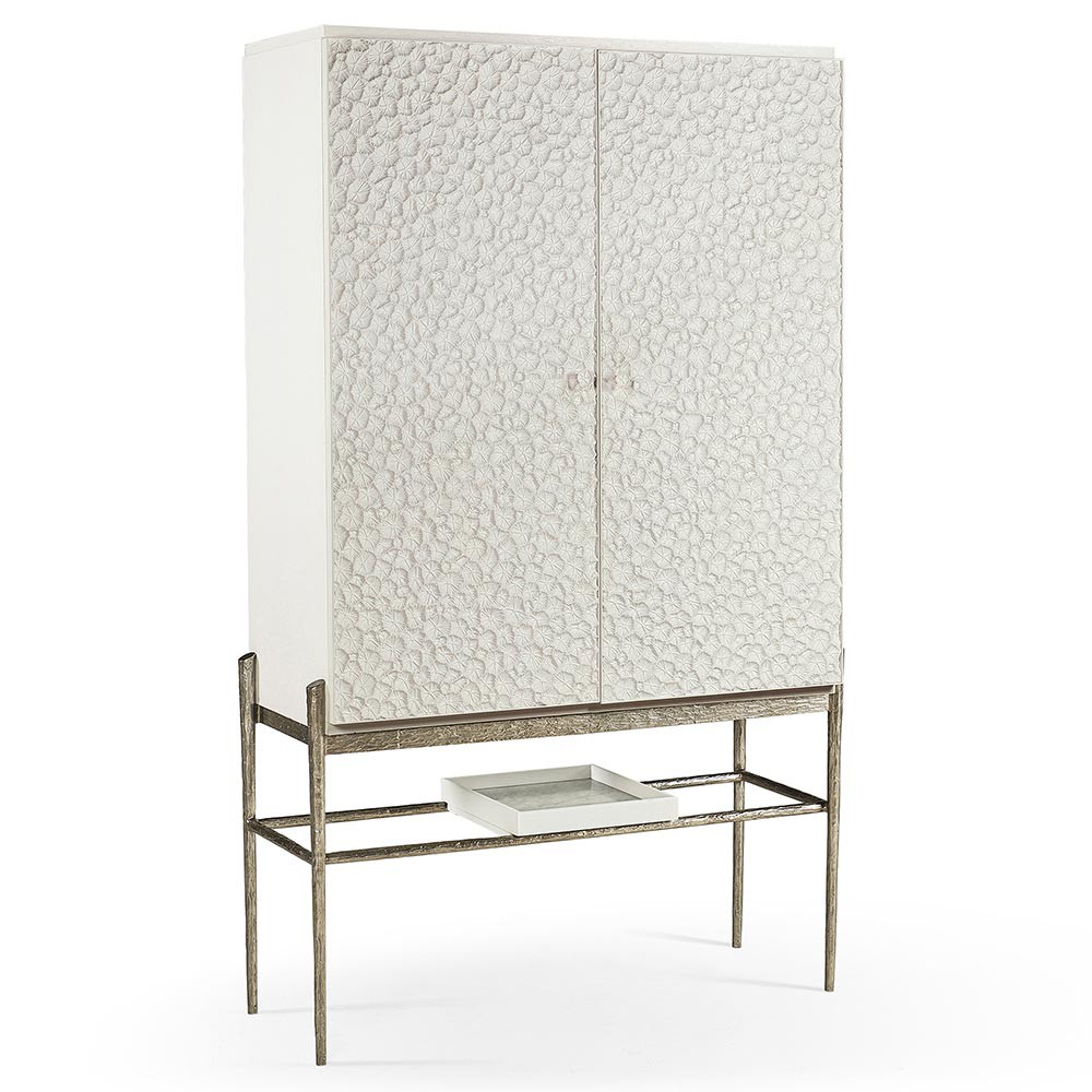 Maris Coastal Beach White Coral Patterned Oak Wood Bar Cabinet|