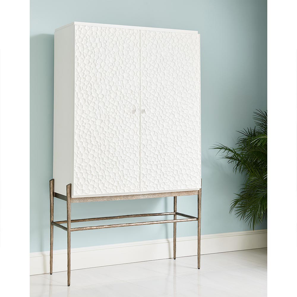 Maris Coastal Beach White Coral Patterned Oak Wood Bar Cabinet|