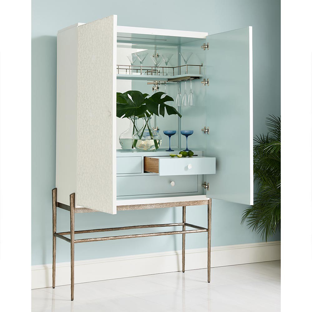 Maris Coastal Beach White Coral Patterned Oak Wood Bar Cabinet|