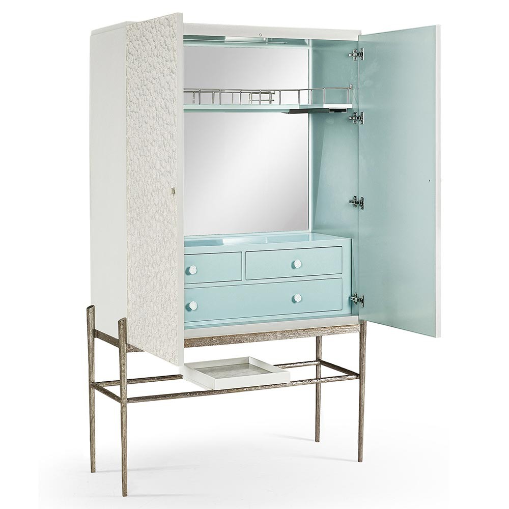 Maris Coastal Beach White Coral Patterned Oak Wood Bar Cabinet|