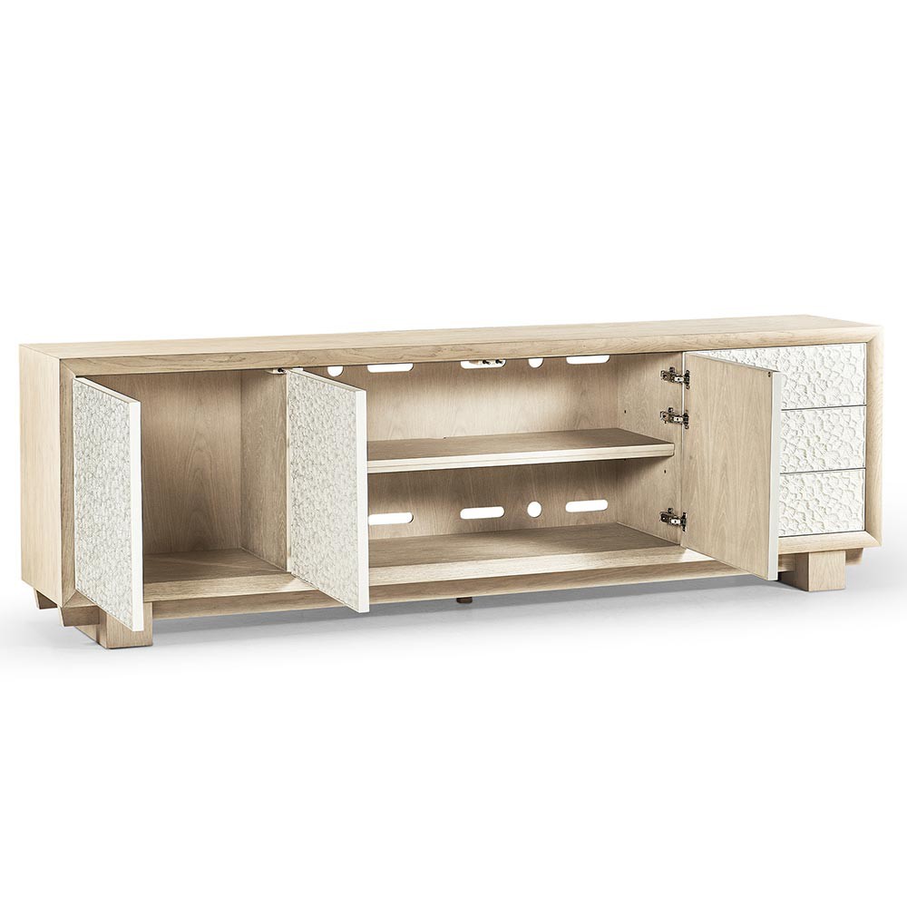 Maris Coastal Beach White Coral Patterned Oak Wood Media Cabinet - 102"|