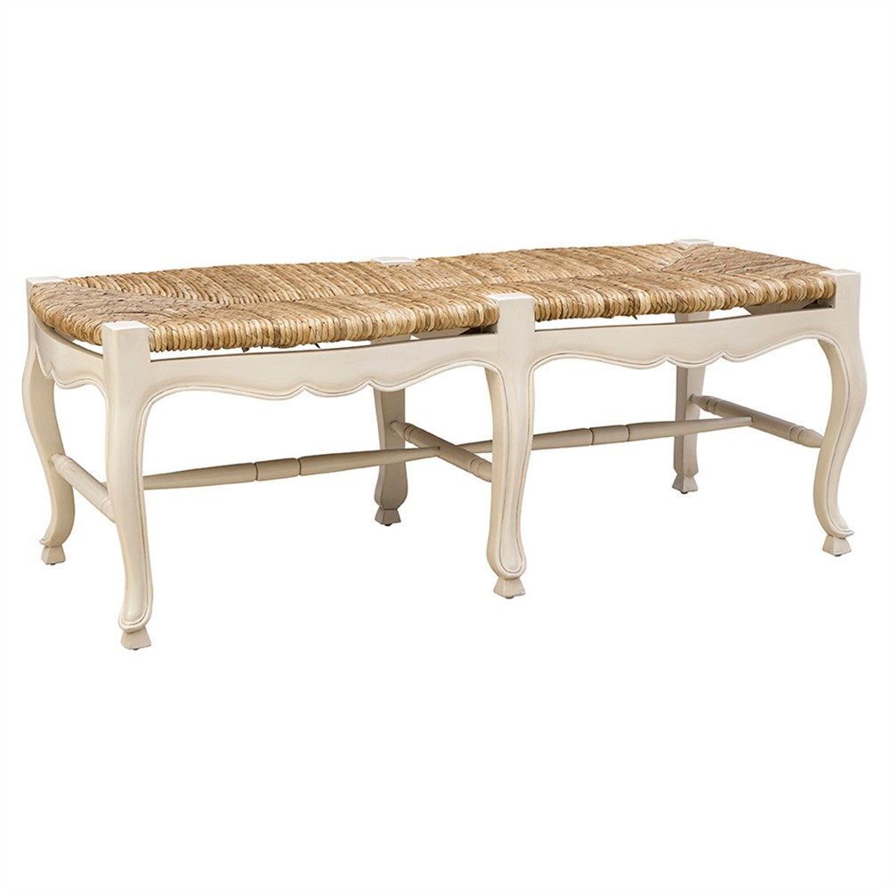 Lacey Updated Traditional Natural Woven Cream Mahogany Wood Entryway Bench|