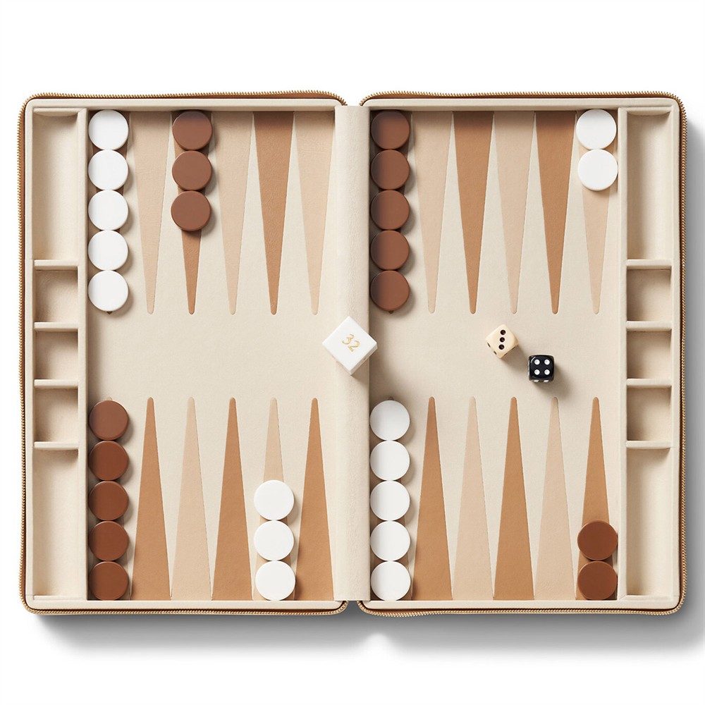 AERIN Enzo Modern Classic Fawn Leather Case Travel Backgammon Set|