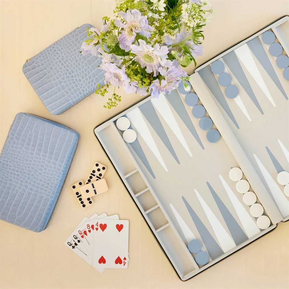 AERIN Enzo Modern Classic Blue Leather Case Travel Domino Set|