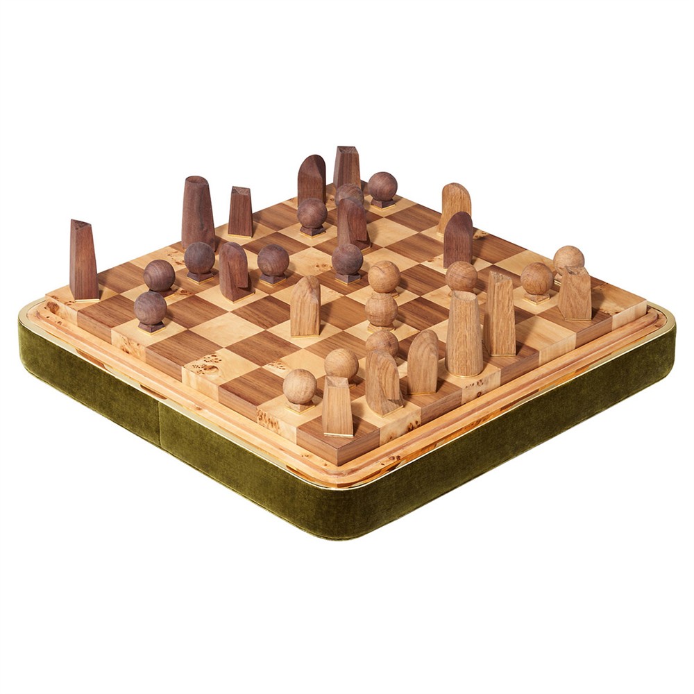 AERIN Updated Traditional Moss Green Velvet Brown Burl Wood Chess Set|