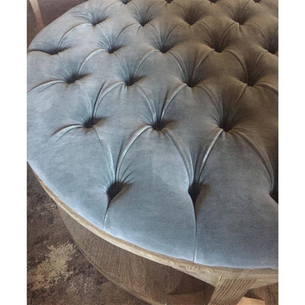 Marie French Country Round Grey Blue Velvet Tufted Wood Round