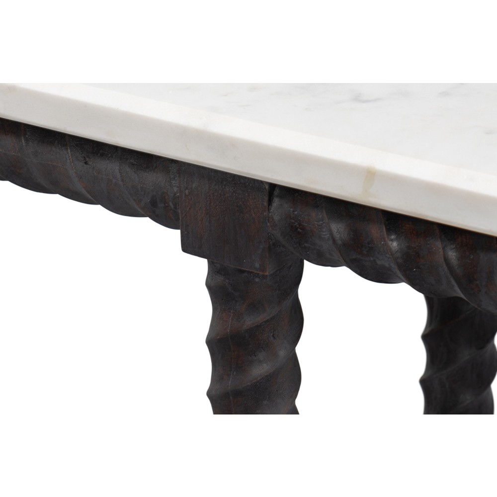 Stella Traditional White Marble Brown Acacia Rectangular Spindle Console Table|