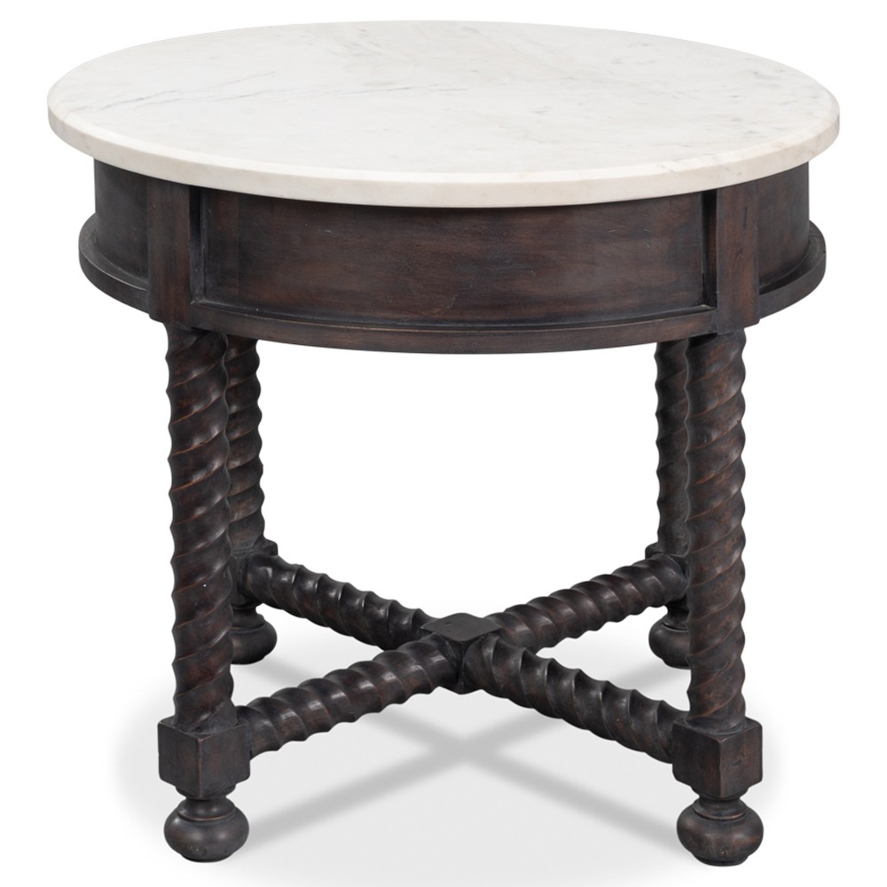Stella Updated Traditional White Marble Brown Acacia Round Spindle Side Table|