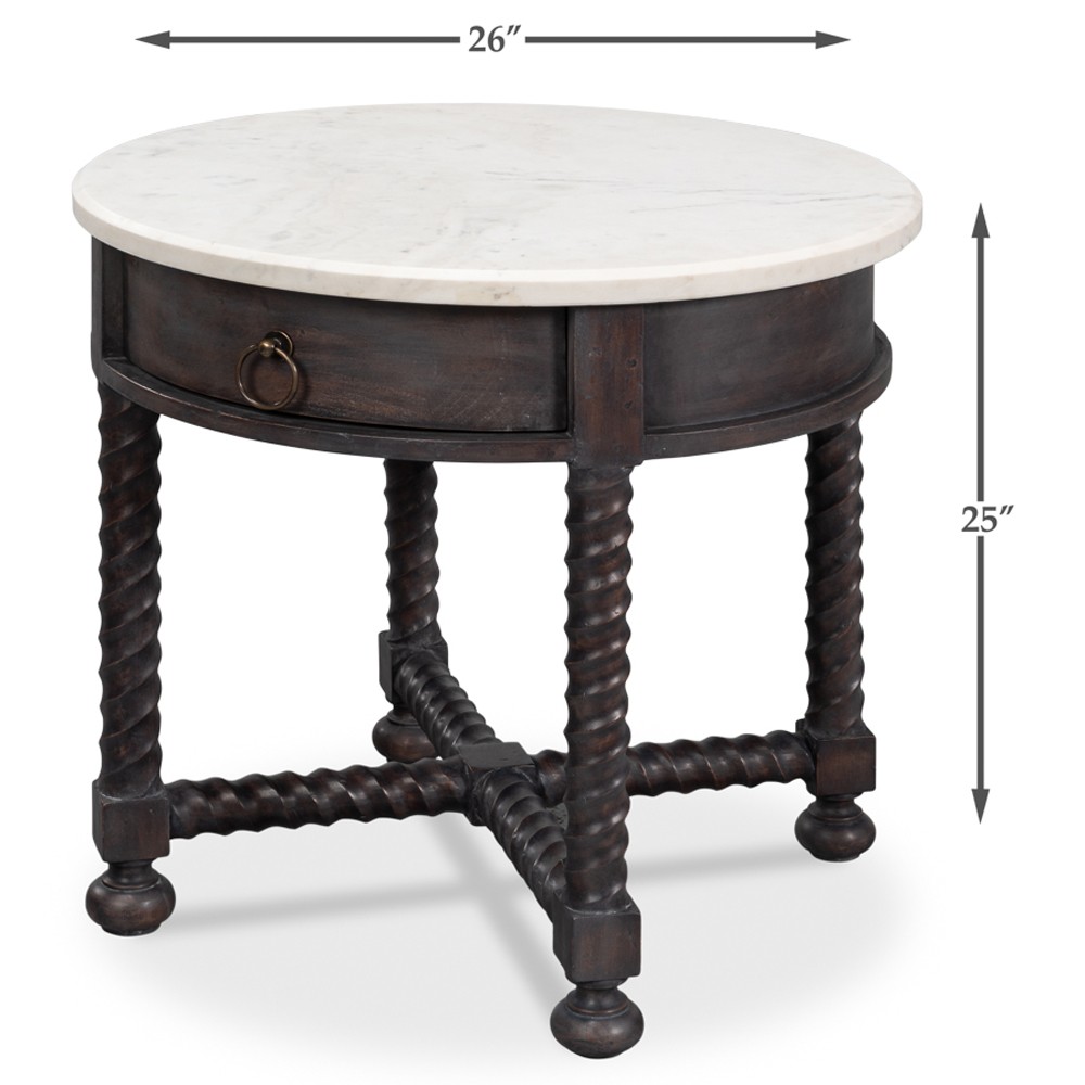 Stella Updated Traditional White Marble Brown Acacia Round Spindle Side Table|