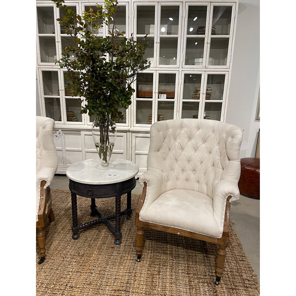 Stella Updated Traditional White Marble Brown Acacia Round Spindle Side Table|