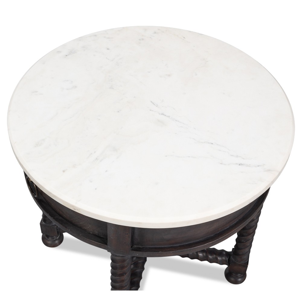 Stella Updated Traditional White Marble Brown Acacia Round Spindle Side Table|