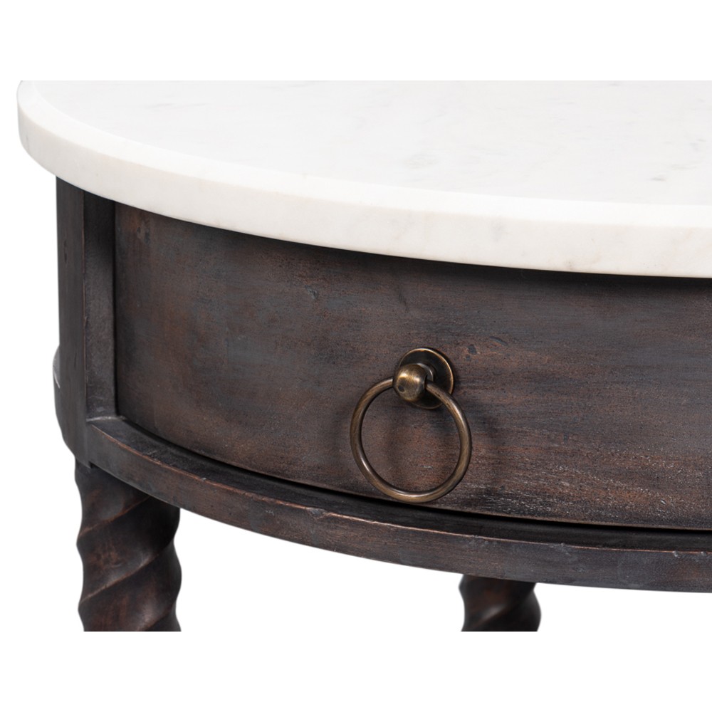Stella Updated Traditional White Marble Brown Acacia Round Spindle Side Table|