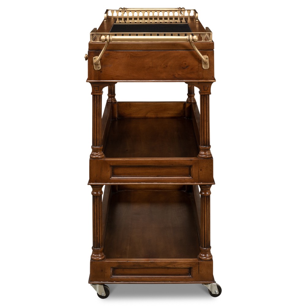 Quinn Updated Traditional Black Granite Brown Walnut Bar Cart|