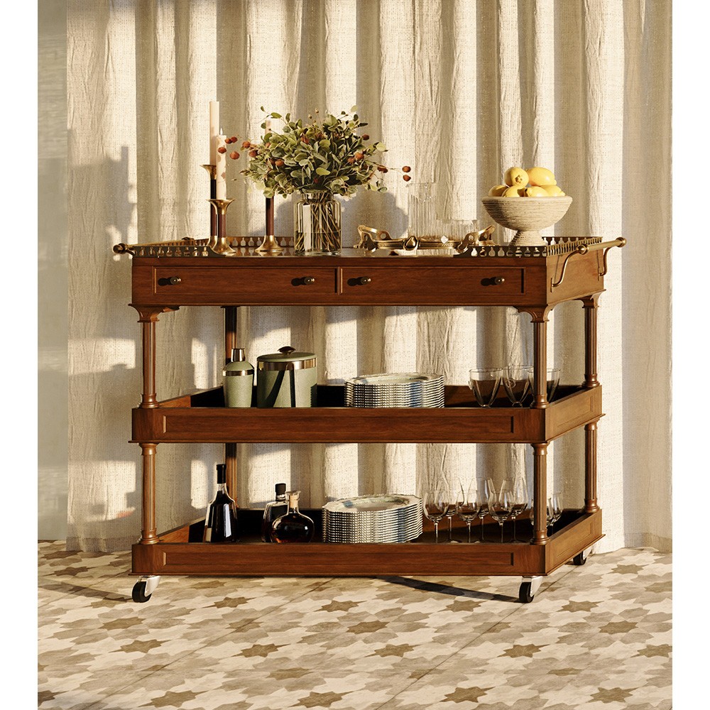Quinn Updated Traditional Black Granite Brown Walnut Bar Cart|