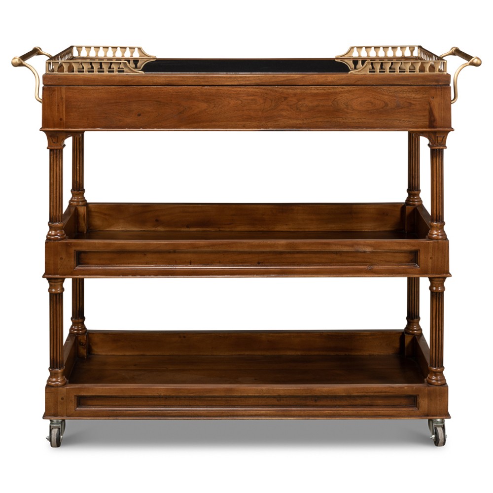 Quinn Updated Traditional Black Granite Brown Walnut Bar Cart|