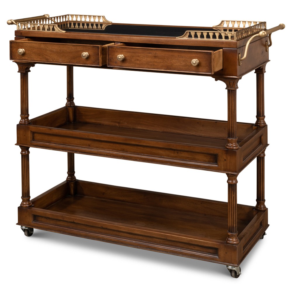 Quinn Updated Traditional Black Granite Brown Walnut Bar Cart|