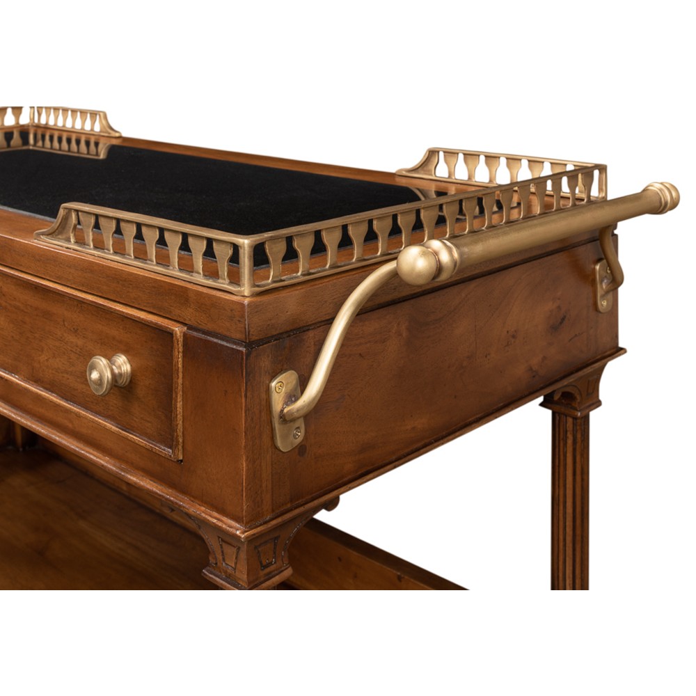 Quinn Updated Traditional Black Granite Brown Walnut Bar Cart|