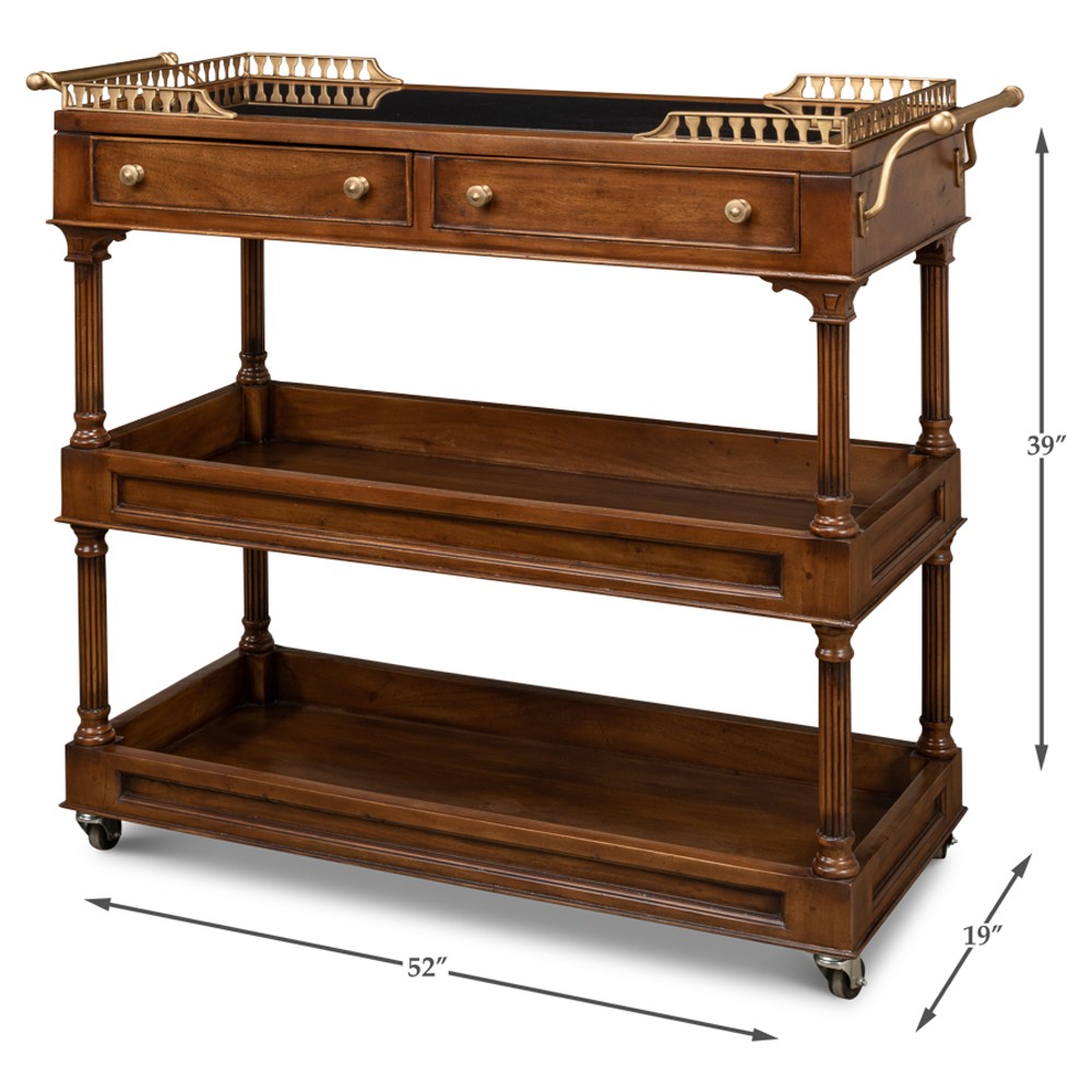 Quinn Updated Traditional Black Granite Brown Walnut Bar Cart|