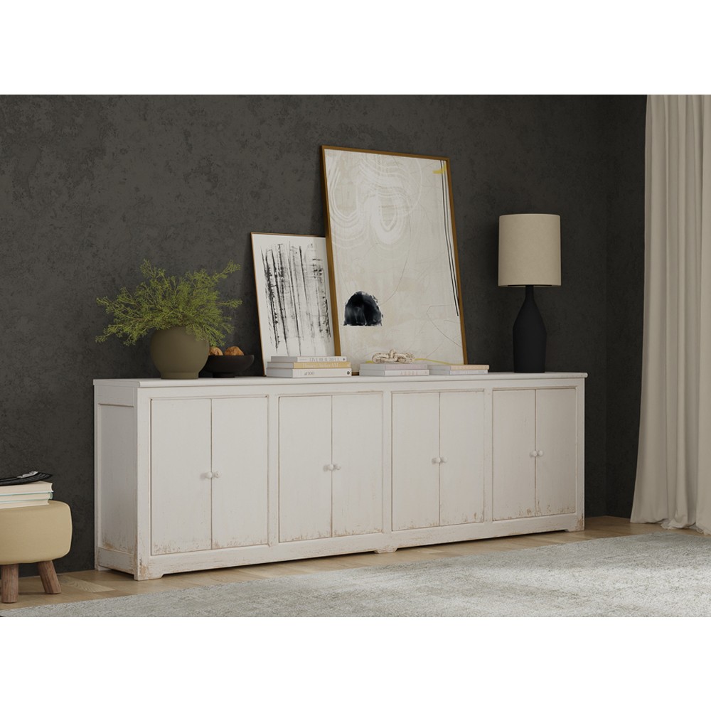 Errol Coastal Beach Distressed White Pine Wood Sideboard Extra