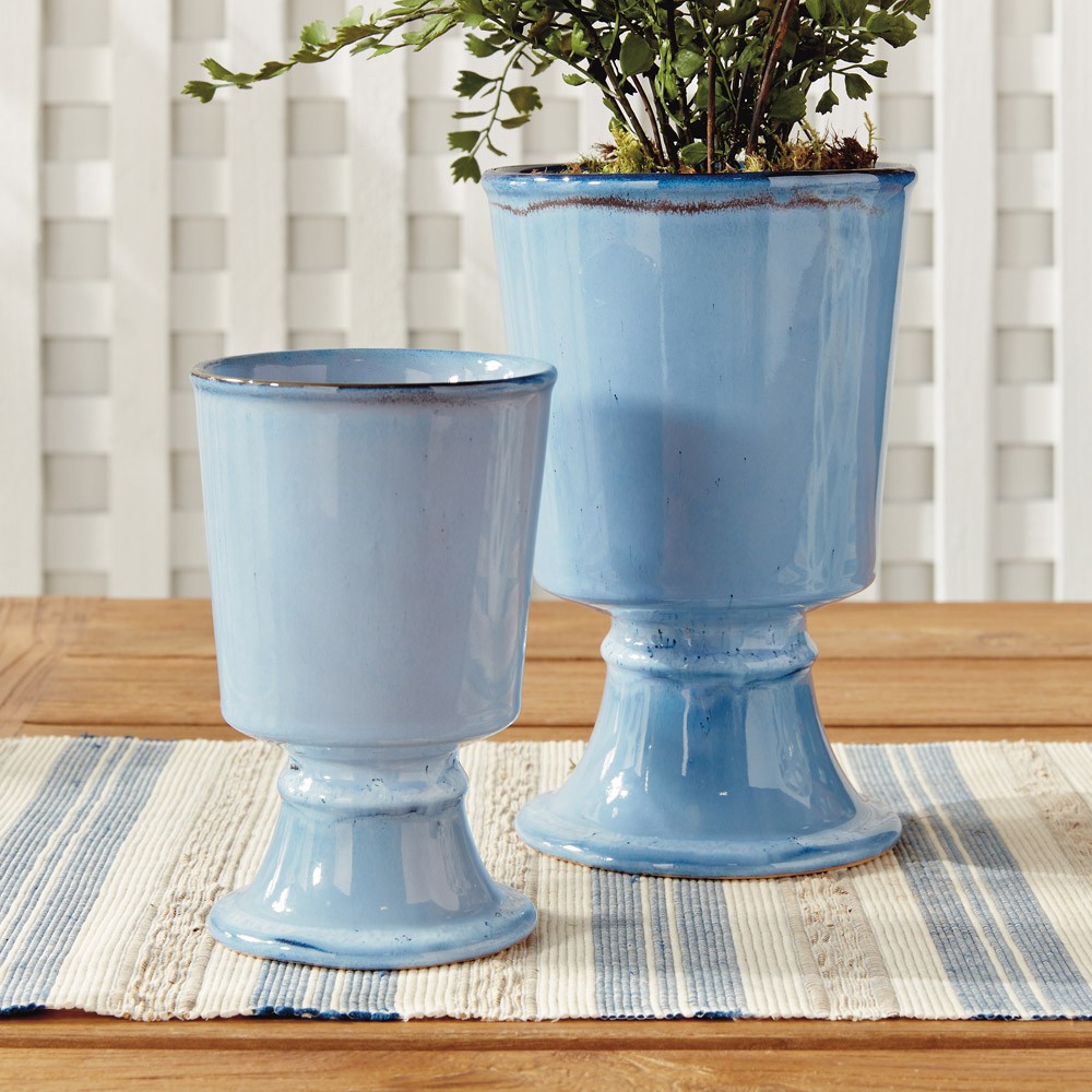 Kelsey Coastal Blue Glazed Stoneware Footed Outdoor Planter - Set of 2|