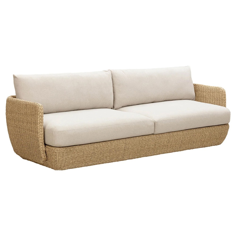 Viana Coastal Beige Upholstered Natural Wicker Outdoor Sofa - 93"|