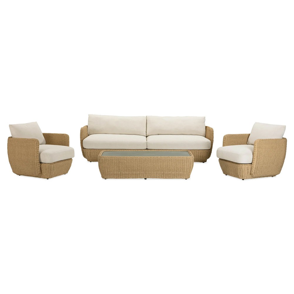 Viana Coastal Beige Upholstered Natural Wicker Outdoor Sofa - 93"|