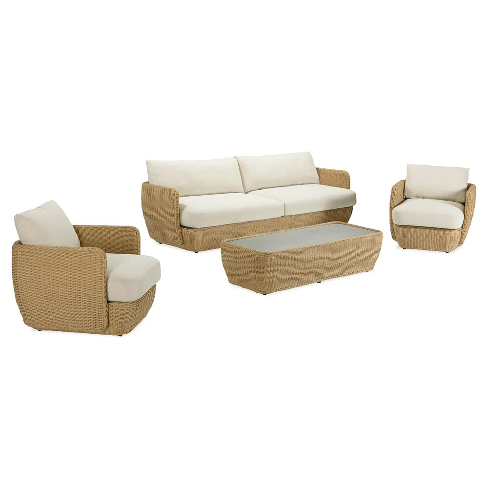 Viana Coastal Beige Upholstered Natural Wicker Outdoor Sofa - 93"|